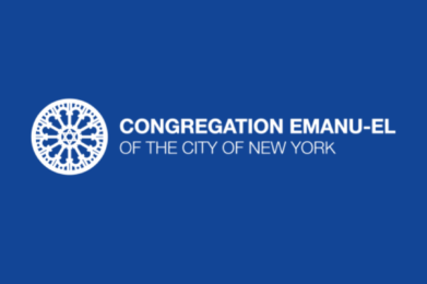 White rose window design and the words “Congregation Emanu-El of the City of New York” displayed on a blue background.