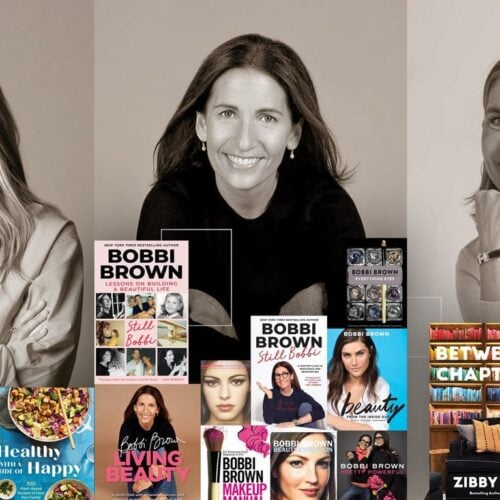 Three women smiling warmly at a book display table, each presenting their published works, with a blend of grayscale and color in the image.
