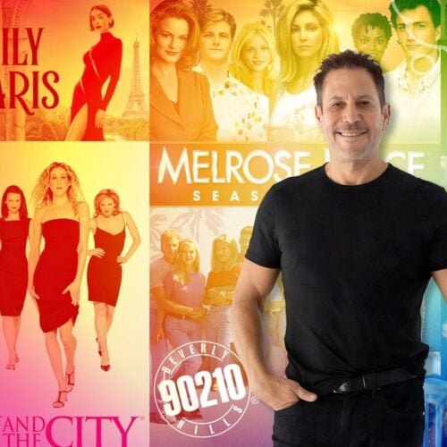 A man stands smiling in front of a vibrant display of posters, set against a colorful, rainbow-gradient background.