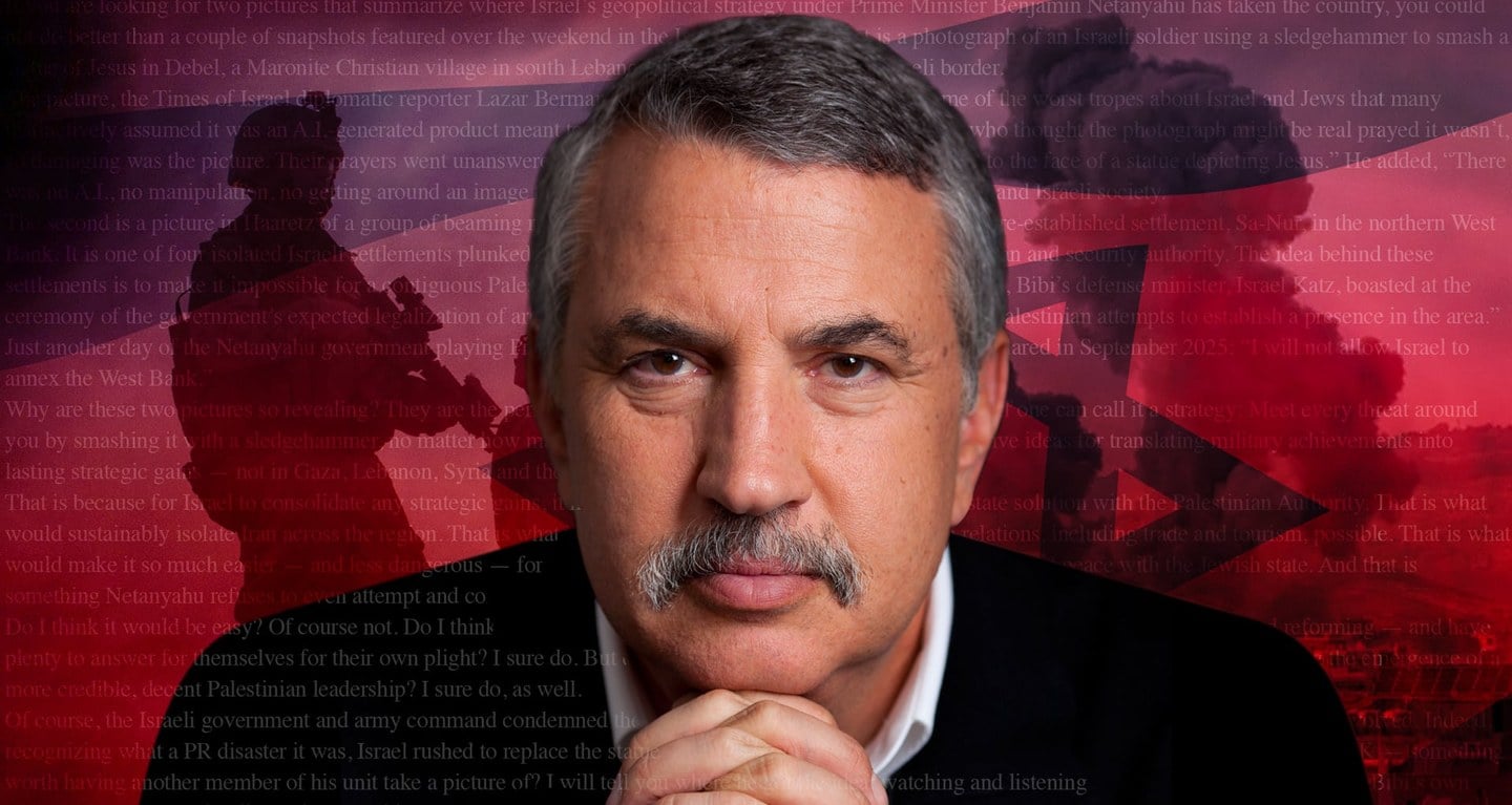 A distinguished man with gray hair and a mustache looks ahead thoughtfully, resting his hands under his chin, with a red background behind him.