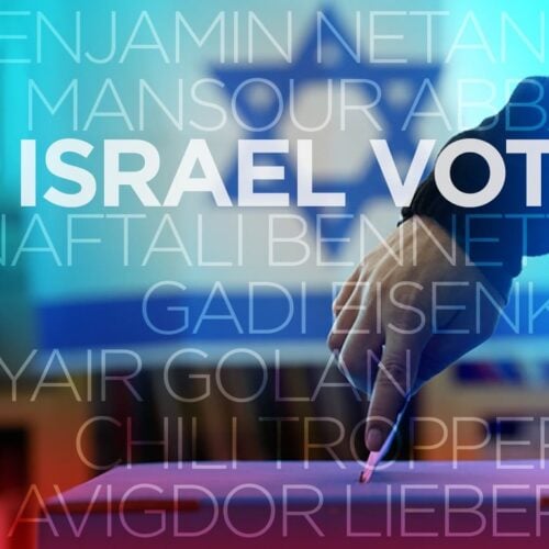A hand placing a ballot in a box, with the words “Israel Votes!” and names of political parties displayed; Call Me Back podcast logo on the left.