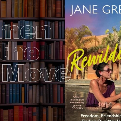 Book cover of Rewilding by Jane Green, showing a woman sitting by a pool with palm trees and bookshelves in the background.