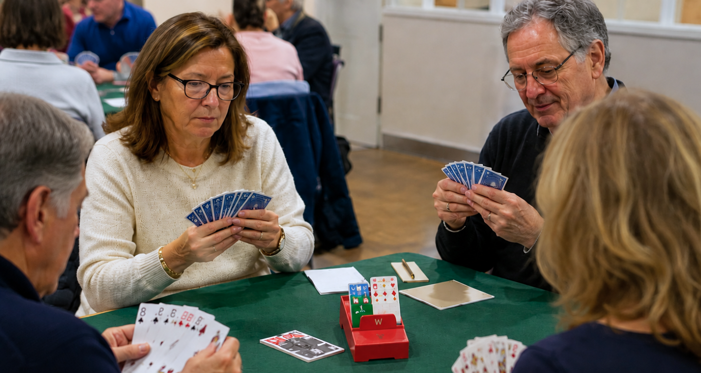 Four adults sit around a green table playing cards together in a bright, welcoming room at Temple Emanu-El.