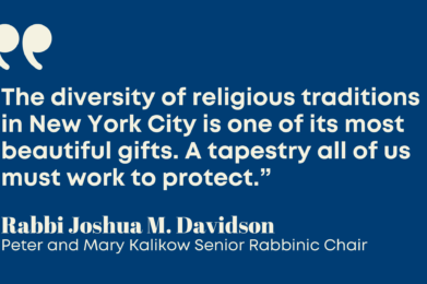 Inspirational quote by Rabbi Joshua M. Davidson highlighting New York City’s vibrant religious diversity, displayed on a blue background.