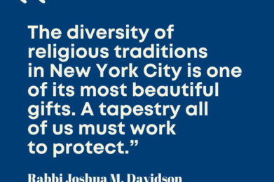 Quote on a blue background featuring Rabbi Joshua M. Davidson of Temple Emanu-El, emphasizing the importance of safeguarding New York City’s diverse religious traditions.