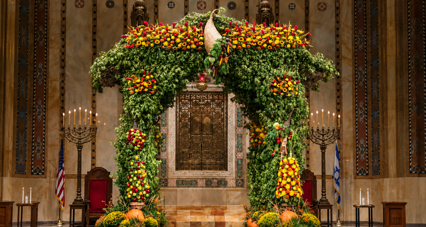 A spacious, beautifully decorated sukkah adorned with green leaves, yellow and orange flowers, and hanging fruit inside Temple Emanu-El in New York City.