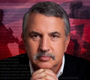 A distinguished man with gray hair and a mustache looks ahead thoughtfully, resting his hands under his chin, with a red background behind him.