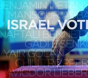 A hand placing a ballot in a box, with the words “Israel Votes!” and names of political parties displayed; Call Me Back podcast logo on the left.