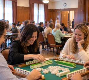 Four congregants smiling while playing a game of Mah Jongg in the Temple Emanu-El community hall.