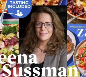 Adeena Sussman with colorful dishes and the cover of her cookbook Zariz, celebrating Jewish culinary tradition.