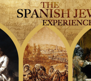 Three arched panels depict a figure in white robes, a scene from Jewish history, and a group with a king; gold background.