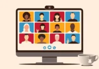 Illustration of a virtual gathering with diverse congregants on a computer screen, next to a coffee cup.