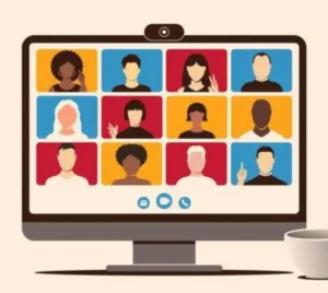Illustration of a virtual gathering with diverse congregants on a computer screen, next to a coffee cup.
