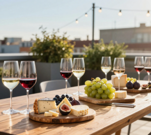 A wooden table outdoors with glasses, cheese, grapes, and figs arranged for an elegant rooftop gathering at Temple Emanu-El.
