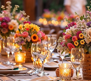 An elegantly arranged event table at Temple Emanu-El featuring floral centerpieces, candles, plates, and glassware.