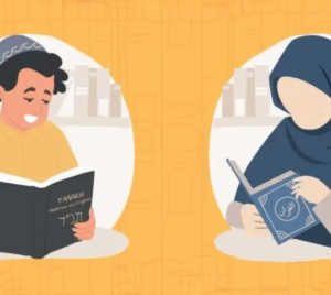 A boy reads from the Tanakh while sitting next to a girl in a hijab who is reading the Quran, both against a yellow background.