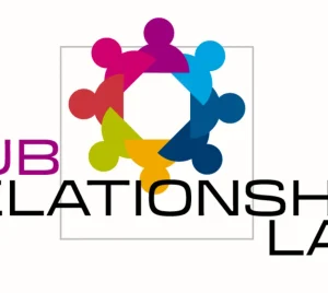 Logo with vibrant, interconnected figures in a circle above the text HUB RELATIONSHIP LAB, symbolizing community and unity.