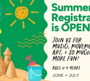 Colorful summer camp flyer with sandcastle, sun, and text: Temple Emanu-El Summer Registration Open! Ages 0-5, June & July.