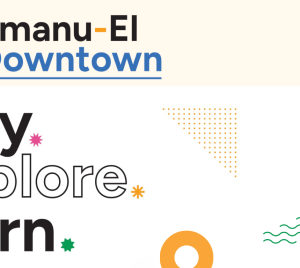 Emanu-El Downtown logo above the words "play, explore, learn" surrounded by colorful abstract shapes on a white background, reflecting a welcoming and engaging atmosphere at Temple Emanu-El in New York City.