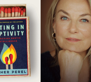 A book titled "Mating in Captivity" by Esther Perel next to a close-up portrait of a woman with blue eyes.