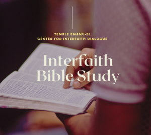 Person holding an open Torah with the words Interfaith Text Study overlaid on the image.