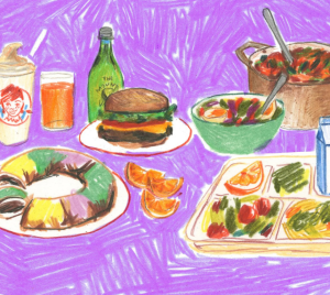 Colorful illustration of various kosher-style foods and drinks, including a veggie burger, salad, milk, cake, and a tray lunch.