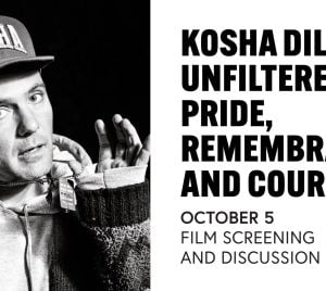 A man wearing a cap and hoodie poses in front of text that announces “KOSHA DILLZ UNFILTERED” film screening on October 5 at Temple Emanu-El.