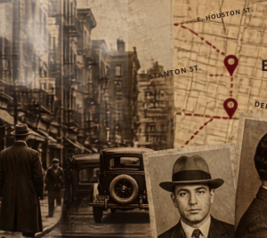 Historic city street scene featuring well-dressed men wearing hats, a classic car, and a map highlighting Manhattan’s Lower East Side streets, reflecting the neighborhood’s diverse heritage.