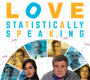Vibrant LOVE STATISTICALLY SPEAKING text above photos of diverse individuals, each with a percentage displayed next to their face.