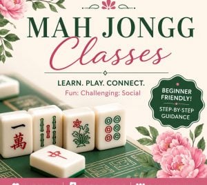 Mah jongg class advertisement featuring game tiles and pink flowers, with text inviting members of the Temple Emanu-El community to learn, play, and connect with friends.