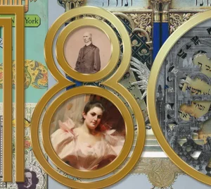 Collage of Jewish heritage images forming 180, with photos, Hebrew text, and a gold Star of David celebrating Temple Emanu-El.