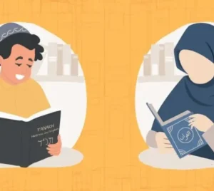 Illustration of a boy and girl in festive clothing reading prayer books together against a yellow background.