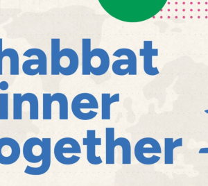Text reads "Shabbat Dinner Together" with two lit Shabbat candles in elegant holders to the right of the text.
