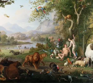 Adam and Eve stand in a vibrant garden filled with diverse animals, trees, birds, and a scenic landscape in the background.