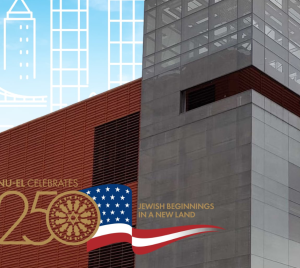 Temple Emanu-El’s modern facade displays a U.S. flag graphic in celebration of America’s 250th anniversary.