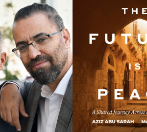 Two men share a warm smile beside a book titled The Future Is Peace, displayed with an archway background.