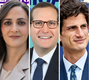 Five warmly smiling professionals in business attire, set against vibrant backgrounds, representing Temple Emanu-El’s diverse community.
