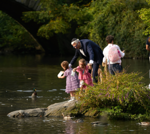 Families, including children, gather beside a pond to feed ducks near a stone bridge in a peaceful park setting.