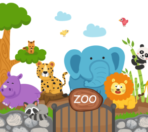 Cartoon illustration of various zoo animals standing behind a stone wall and gate marked ZOO, styled for a community-friendly, welcoming environment.
