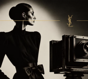 A woman in a modest dark dress stands beside a vintage camera, with an elegant background featuring soft, dramatic lighting.
