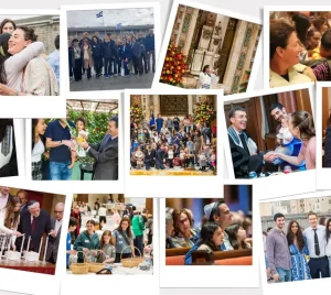 A collage depicting members of the Temple Emanu-El community—diverse individuals and families—lighting candles, celebrating Jewish traditions, and sharing joyful moments together.