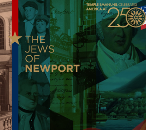 Collage featuring historical portraits and a synagogue, with text reading “The Jews of New York” and “Celebrating 250 Years of Jewish Community.”.