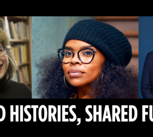Three people smiling warmly, with the words Shared Histories, Shared Futures displayed below, representing Temple Emanu-El.