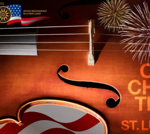 Close-up of a violin with American flag, celebratory fireworks, and “Orchestra of St. Luke’s” in orange text, designed for Temple Emanu-El in New York City.