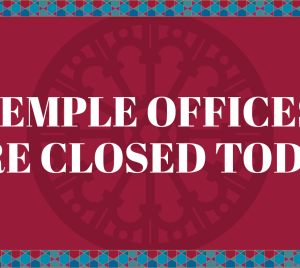 Text reads: Temple Emanu-El offices are closed today on a red background with blue patterned borders.